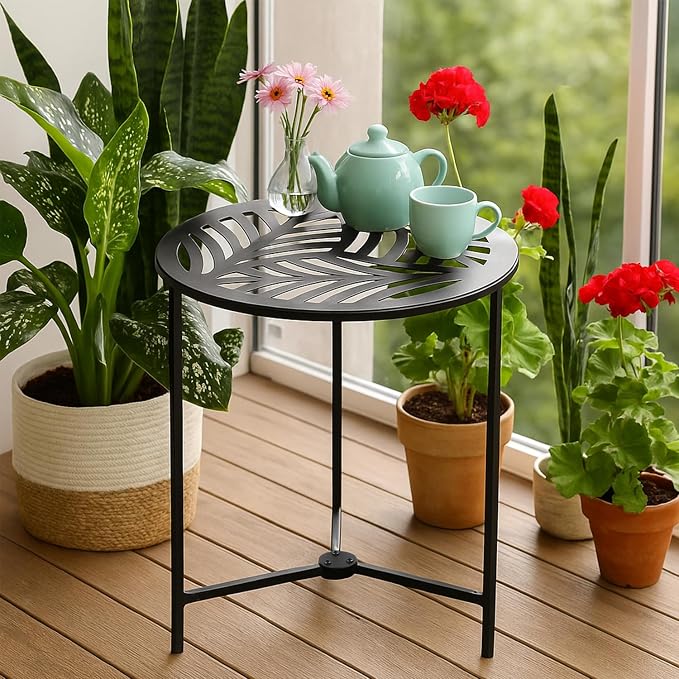 Extra-large Metal Side Table 17.7 Inches Heavy-duty Black Outdoor Patio Garden End Table Round Accent Corner Stand for Small Space Weather-resistant Coffee Table for Balcony Porch Plant Stand, Black