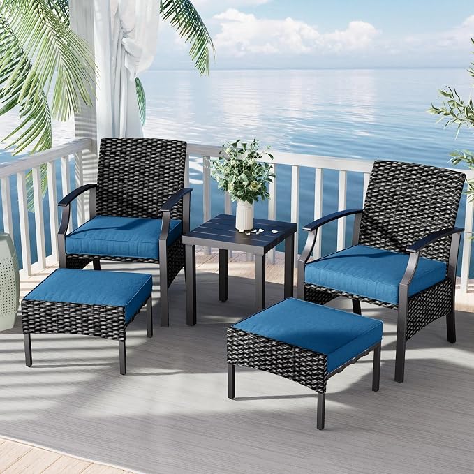 Grand patio 5-Piece Outdoor Furniture Sets Wicker Outdoor Patio Chairs with Olefin Cushions Ottomans and Coffee Table for Balcony Backyard Garden Poolside-Peacock Blue