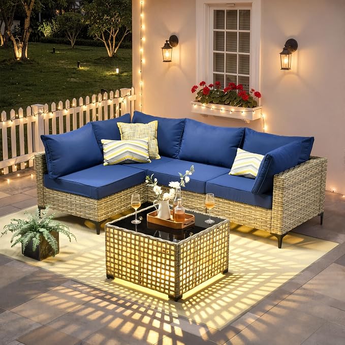 5 Piece Outdoor Sectional Patio Furniture Set with Solar Lighted Coffee Table, Modular Wicker Conversation Set with Flexible L-Shaped Layout for Porch Balcony Backyard, Navy Blue
