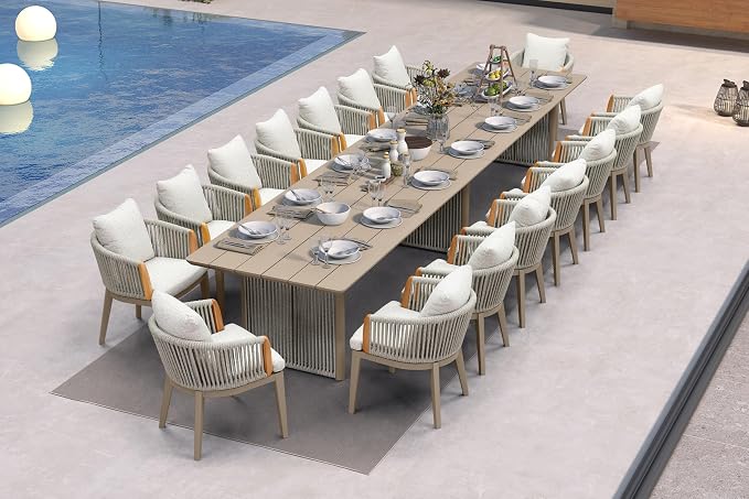 PURPLE LEAF 17 Pieces Outdoor Dining Set for 16, Aluminum Outdoor Patio Table and Chairs Set with Olefin Cushions, All-Weather Patio Dining Set for Garden or Deck, Beige