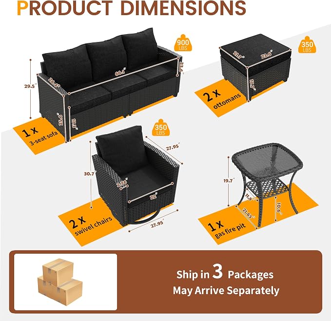 UDPATIO Patio Furniture Set, 6 Pieces Outdoor Sectional Couch with Swivel Rocking Chair, Gray Wicker Rattan Sofa with Side Table, 4" Thick Cushion for Garden Backyard Deck,Black