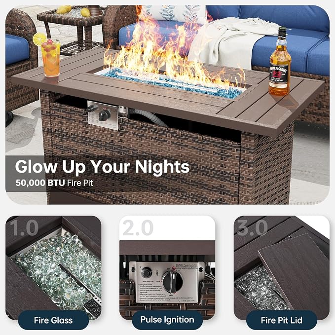 LazySunsets Luxury 12-Piece Patio Furniture Set with 44'' Fire Pit Table, 360° Swivel Chairs, Wicker Rattan Sofa & Thick Cushions, Outdoor Conversation Set for Backyard, Poolside, Brown/Navy Blue