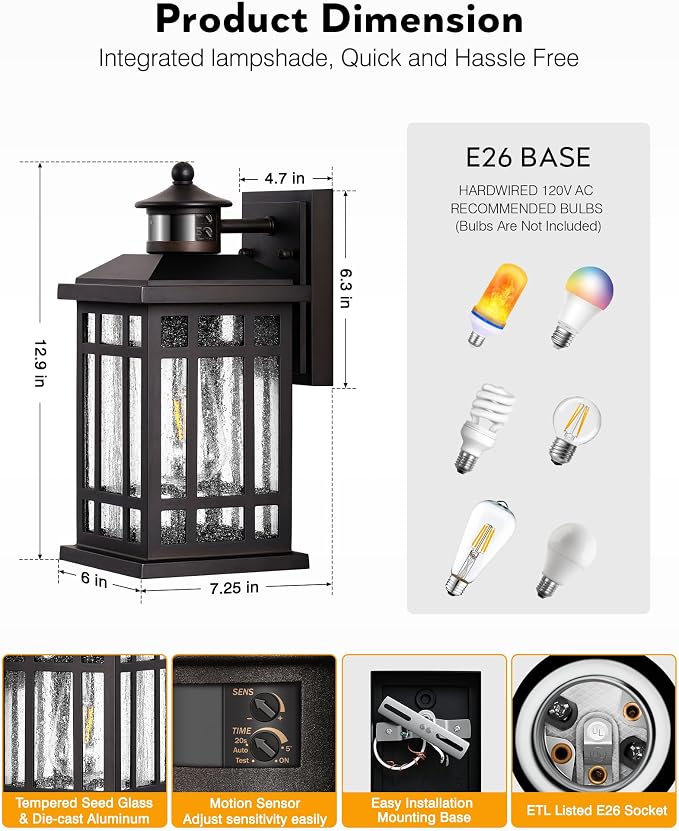 Motion Sensor Outdoor Wall Light, Oil Rubbed Bronze Dawn to Dusk Outdoor Light Fixture, Aluminium Anti-Rust Porch Lights Wall Mount, Outside Lights for House Garage Patio Entry Front Door