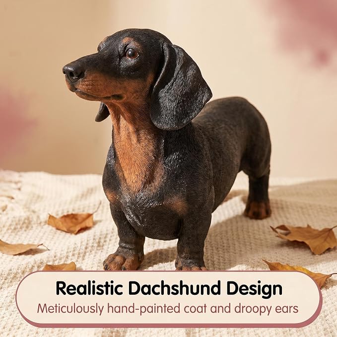 26.38" Black & Tan Dachshund Statue | Realistic Resin Dog Garden Decor, Outdoor Gardens, Sturdy Base