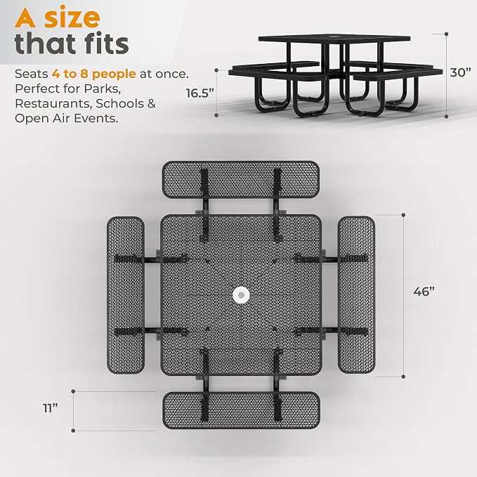 Metal Picnic Tables for Outdoors with Umbrella Hole - Coated Steel Heavy Duty Commercial Grade Furniture (Black, 46 in, Square, Expanded Steel)