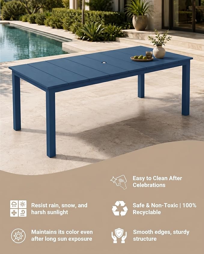 75.2" Outdoor Dining Table for 4-6 People, Patio Dining Outdoor Table with Umbrella Hole, All Weather Patio Table for Backyard, Deck and Garden, Navy Blue