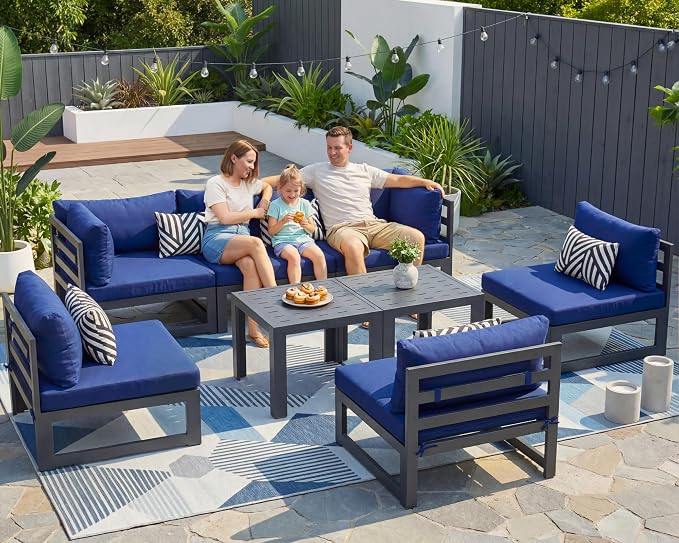 NICESOUL 8 Piece Large Luxury Aluminum Patio Conversation Set, 29" Deep Wide Comfortable Sitting, U Shaped Modular Sectional Couch, 500 lbs Heavy Duty All Weather Outdoor Sofa for Backyard, Navy Blue