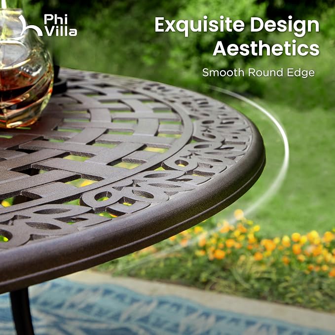 PHI VILLA Patio Dining Set, Swivel Chairs, 54" Round Cast Aluminum Table | Cast Aluminum chairs, Bronze (Swivel Chairs), 2.1 umbrella hole, 360° swivel, rocking, Cushions, E-coated