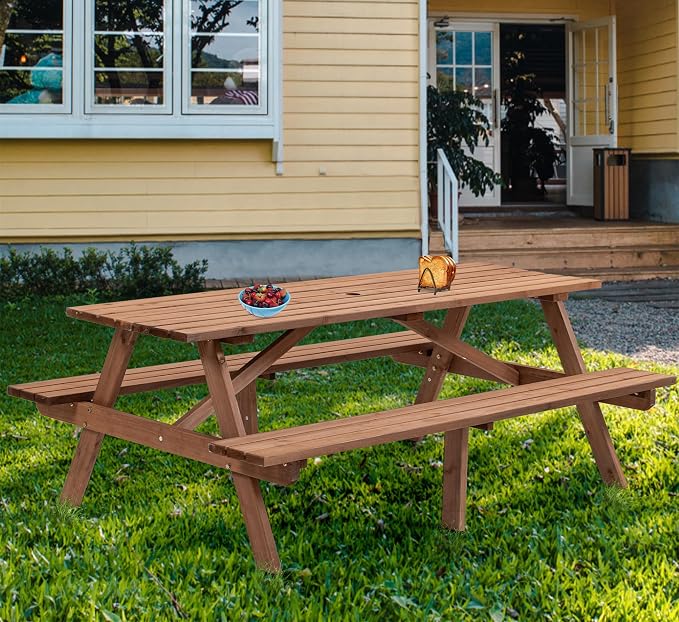 SSLine 8-Person Solid Wood Picnic Table Outdoor Rectangular Picnic Table and Bench Set with Umbrella Hole Outside Wooden Table and Chairs Set for Patio Backyard Garden Lawn (Dark Brown)