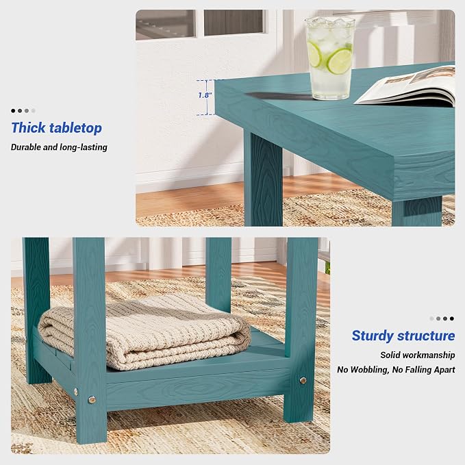 2-Tier HDPE Outdoor Square Side Table, Heavy-Duty Patio Side Table with Storage Shelf, Weather-Resistant Adirondack End Tables for Backyard, Pool, Porch, Garden, Lawn, Lake Blue