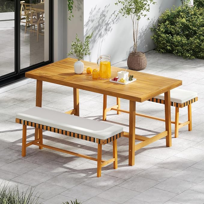 HAPPYGRILL Outdoor Acacia Wood Dining Table 63”, Patio Wooden Table for 6, with Slatted Tabletop, 1.97” Umbrella Hole & Cover, for Backyard, Deck, Porch