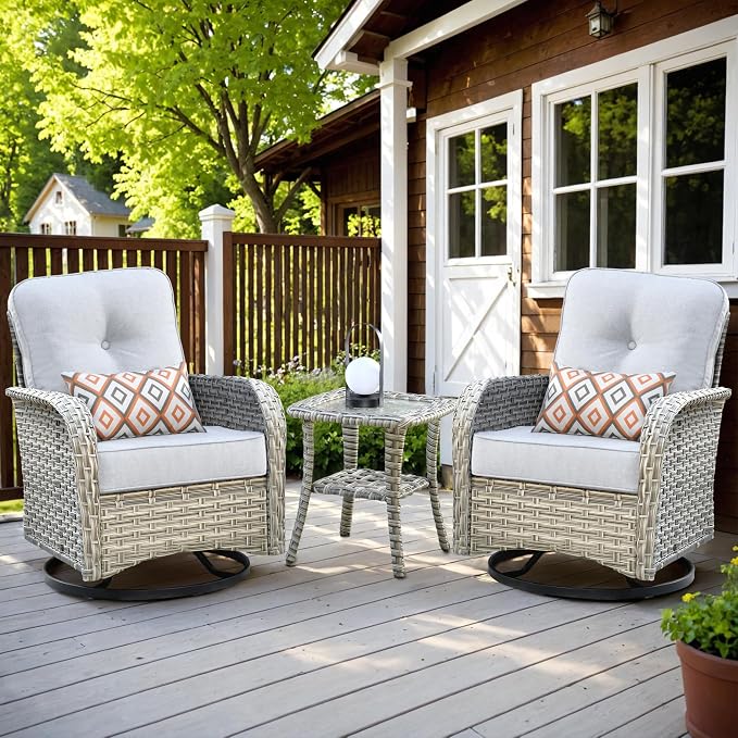 HOOOWOOO Outdoor Patio Bistro Set,3 Pieces Wicker Out Door Swivel Rocking Chair with Matching Side Table,Patio Furniture Sets,Light Gray