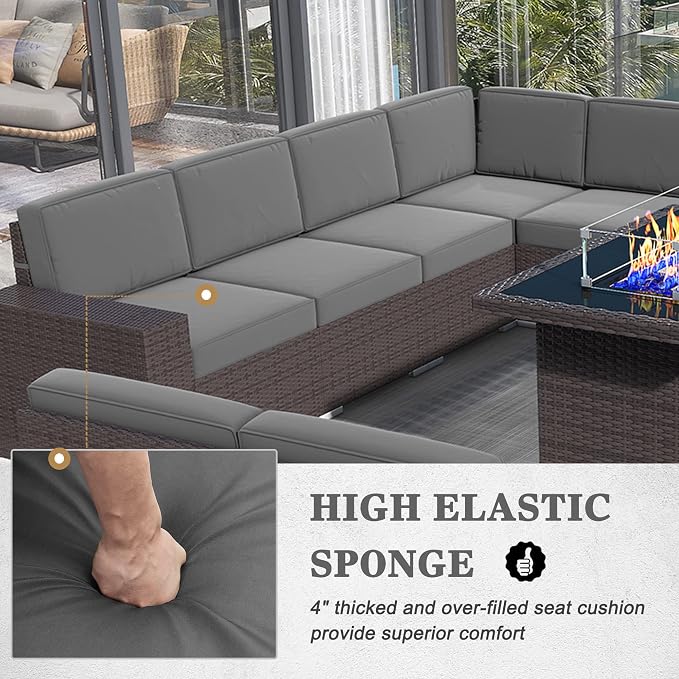 13 Pieces Patio Furniture Set with 44" Propane Gas Fire Pit Table, Outdoor Sectional Brown Rattan Wicker Conversation Sofa Sets with Coffee Table