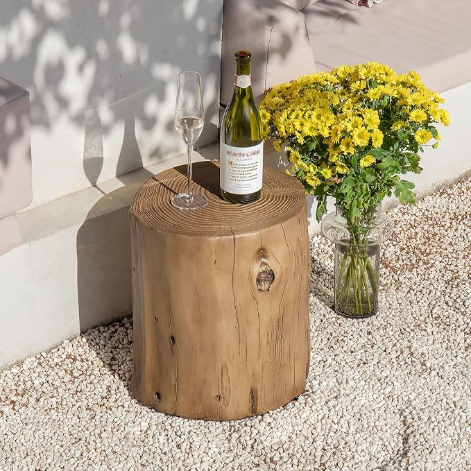 COSIEST 2 Pieses Outdoor Side Table, Hand-Painted Wood Stump Side Table Set of 2, Faux Wood Stool, Ottomans, Plant Stand, Deck or Garden (Light Oak)