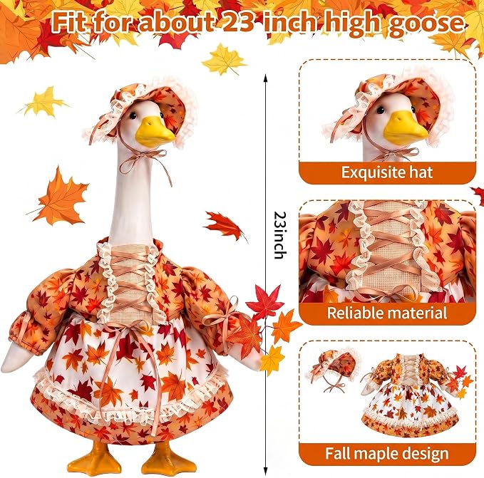 Fall Porch Goose Outfits Fits 23" Cement Plastic Statue Maple Goose Clothes for Autumn Day Outdoor Garden Yard Patio Statue Art Decor
