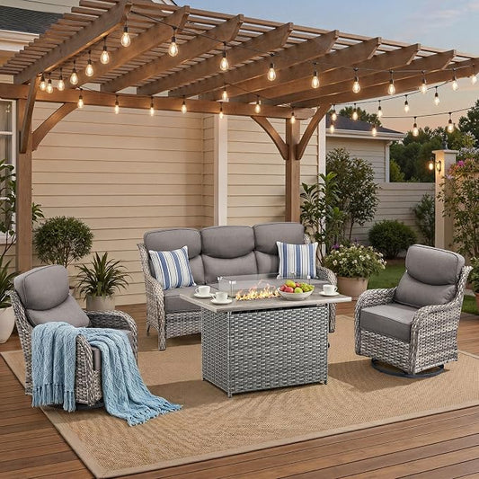 Luxury High Back Patio Furniture Set with Fire Pit Table & 6-Inch Thick Cushions, 4-Pieces Outdoor Furniture with Swivel Chairs, Wicker Conversation Set for Porch, Balcony, Deck and Yard, Grey