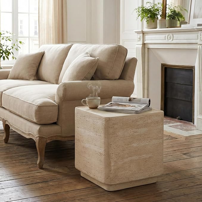 Christopher Knight Home Zax Lightweight MGO Outdoor Side Table, Square Accent Table with Stone-Like Texture, Weather Resistant Small End Table for Indoor/Outdoor Usage, No Assembly, Beige Travertine
