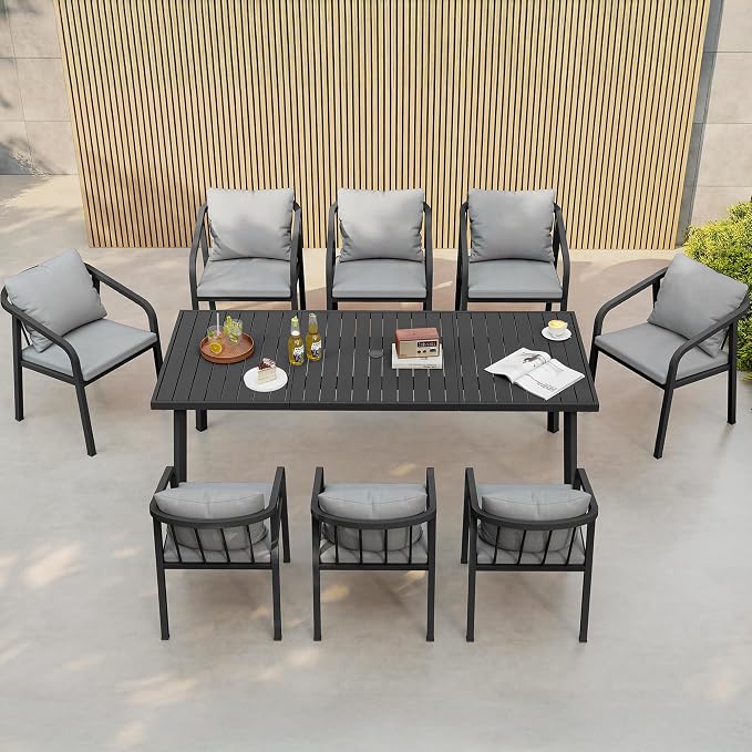 Outdoor Dining Set,7-Piece Patio Dining Table Set for 6 with Rectangular Table & 6 Thick Cushion Sofa Chair, Aluminum All-Weather Patio Furniture Set for Backyard, Garden and Poolside (Black)