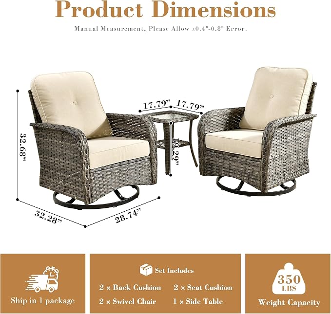 3 Pieces Patio Furniture Set, High Back Outdoor Swivel Rocker Chairs, Wicker Outdoor Furniture with Swivel Rocking Chairs and Side Table for Porch, Backyard, Balcony, Beige