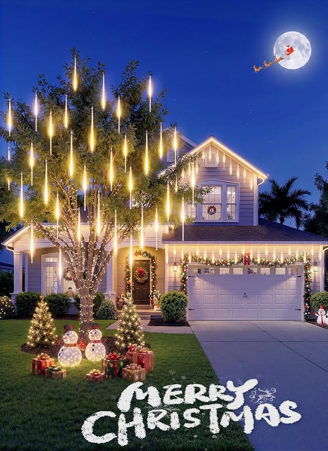 Meteor Shower Lights Outdoor,16 Inch 10 Tube 360 LED Icicle Christmas Light | Waterproof Snowfall Christmas Lights Outdoor,Connectable Hanging Falling Rain Light for Tree Roof Holiday, Warm White