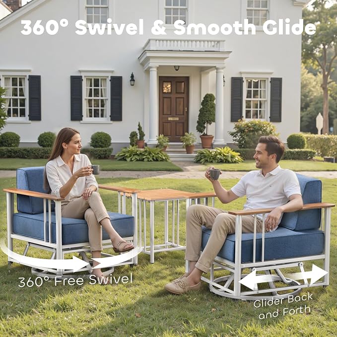 Luxury Outdoor Furniture Set with Swivel Chairs, 10 PCS Patio Furniture Set with 6" Extra Thick Cushions, Suitable for Porch, Balcony, Deck, Patio, Yard, Poolside, White/Blue