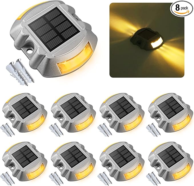 VOLISUN Solar Deck Driveway Dock Lights,Solar Pathway Lights,Warm 8 Pack | Solar Powered LED, IP68 Waterproof Led Outdoor Warning Step Marine Lights for Sidewalk Garden Yard
