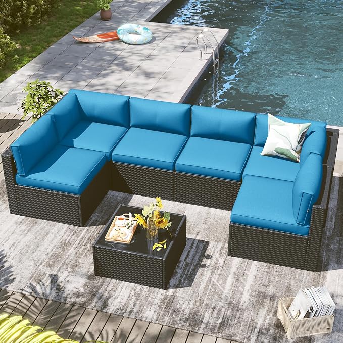 LazySunsets 7 Piece Outdoor Patio Furniture Set with Coffee Table, Outdoor Patio Furniture Sets with 4'' Thicken Cushion, Wicker Rattan Outdoor Conversation Set for Backyard, Peacock Blue