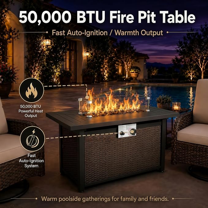 HUMMUH 5-Piece Patio Furniture Set, Fire Pit and Swivel Rocker Chairs | 50000 btu auto-ignition fire pit, 360 degree swivel gliding mechanism, 4 inch thick sponge cushions