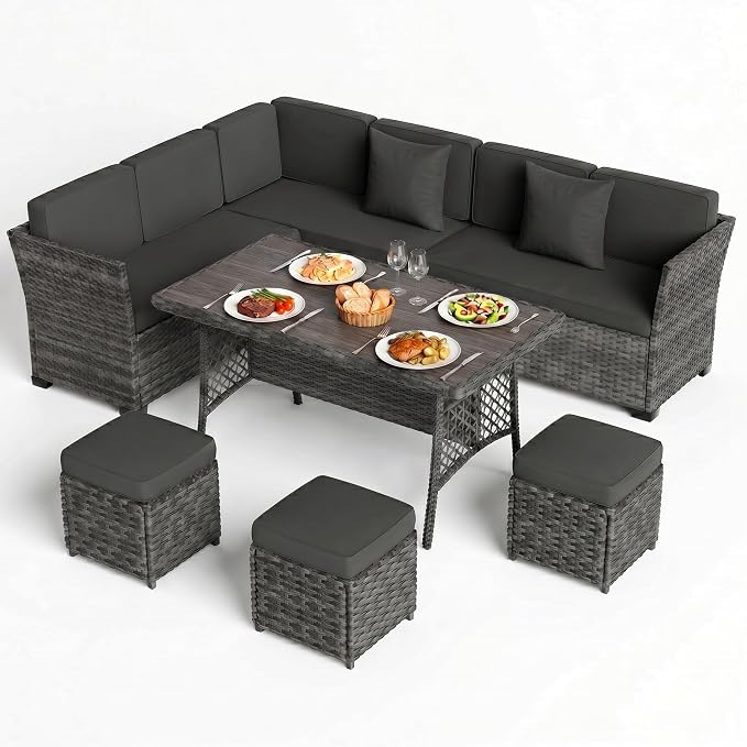 LOUVIXA 7 Pieces Patio Furniture Set, Outdoor Patio Furniture, Wicker Conversation Set with Dining Table, Chairs and Ottoman (6227 Grey-Grey)