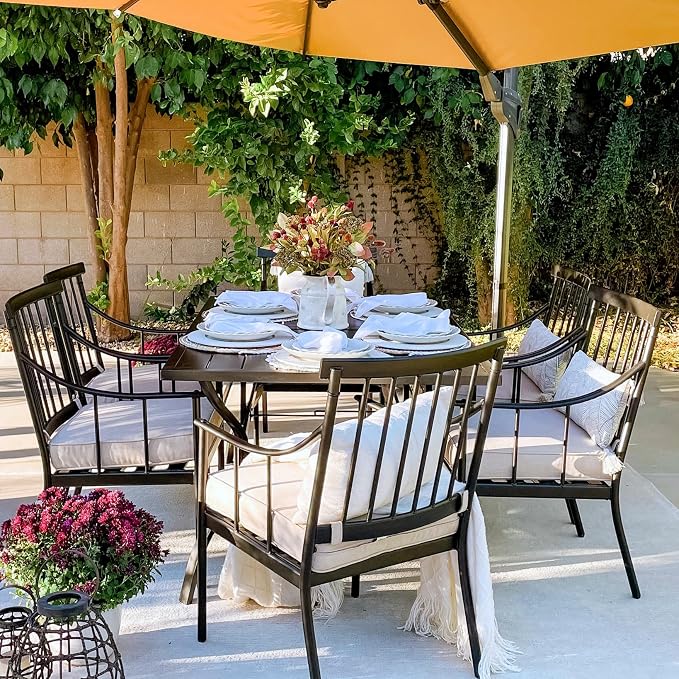 PHI VILLA 7 Piece Patio Dining Set, Rectangular Metal Table | Metal chairs, Fixed Chair, 1.57" umbrella hole, Cushions, powder-coated, 300 lb chair capacity, for Patio, Deck, Yard