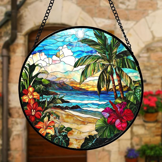 DASTOLL Stained Glass Window Hanging, Blue Beach Scenery Suncatcher Diamond Glass Panel Hangings Sun Catchers Decor for Birthday for Women, Men, Wife, Aunt, and Mom 7.8 in