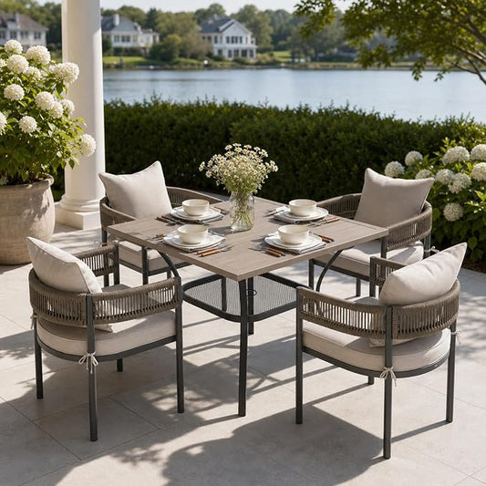 VICLLAX Patio Dining Set, 37.8" Grey Table & 4 Chairs with Wheat Cushion | Outdoor Table and Chairs Set of Square Metal Patio Table, Outdoor Dining Chairs with Metal Frame, Garden Deck Porch