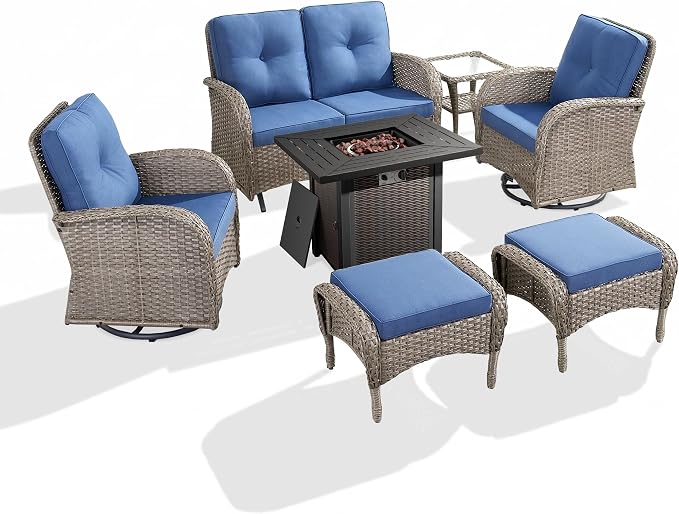 7 Piece Patio Furniture Set with Fire Pit Table - Wicker Patio Conversation Set with Swivel Glider, Glider Loveseat, Side Table and 2 Ottomans for Deck Backyard - Grey Wicker Blue Cushion