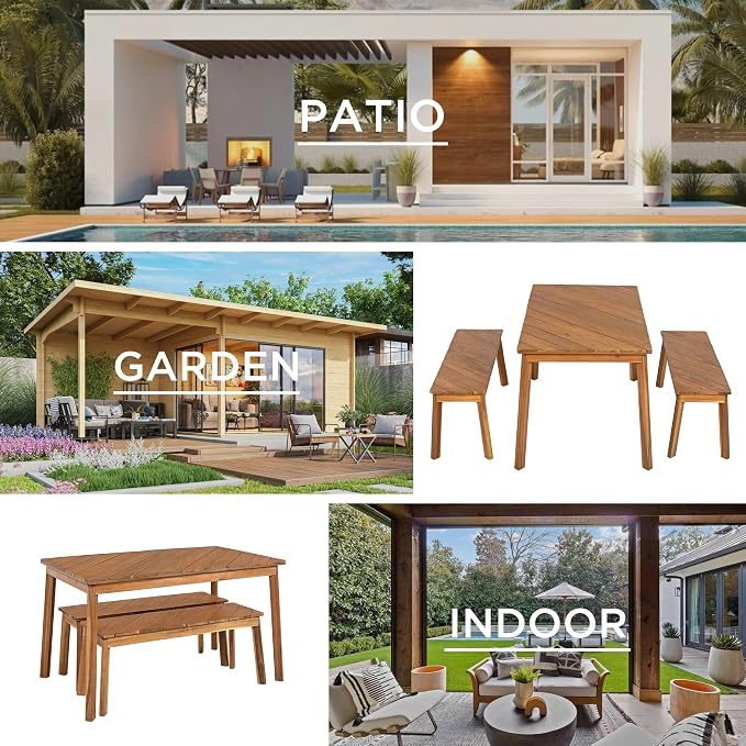 GDFStudio 3-Piece Acacia Wood Table and Bench Dining Set, Outdoor and Indoor Picnic Furniture with 2 Benches, Beer Table Set for Patio, Porch, Garden, Poolside, Natural Finish
