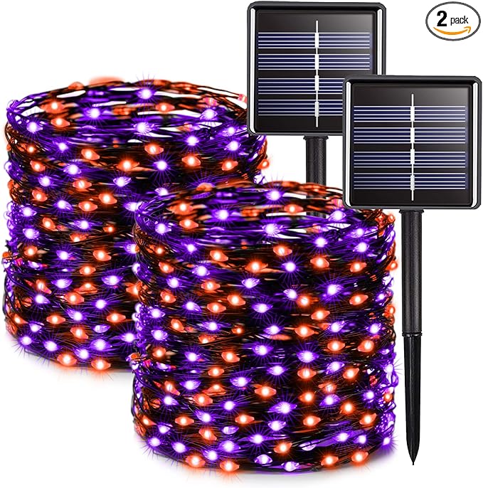 JMEXSUSS Solar Halloween Lights Orange and Purple, 2 Pack Total 200LED 66FT | Outdoor Waterproof, 8 Mode Black Wire Solar Fairy String Lights for Outside Yard Patio Garden Spooky Party Decorations