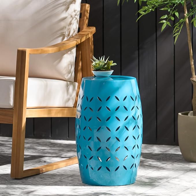 12" Outdoor Side Table, Decorative Cutout Metal Round Side Table, Multi Functional - Coffee Table, Night Stand, Plant Stand for Patio, Garden, Backyard, Gazebo Indoor (Blue)