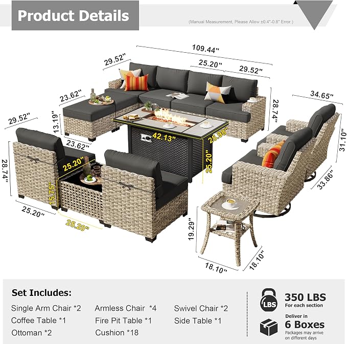 HOOOWOOO Outdoor Sectional Patio Furniture Set with Fire Pit Table,13 Pieces Wicker Conversation Sets L Shaped Couch,Extra Deep Out Door Sofa Outside Furniture with Swivel Chairs Ottomans,Black