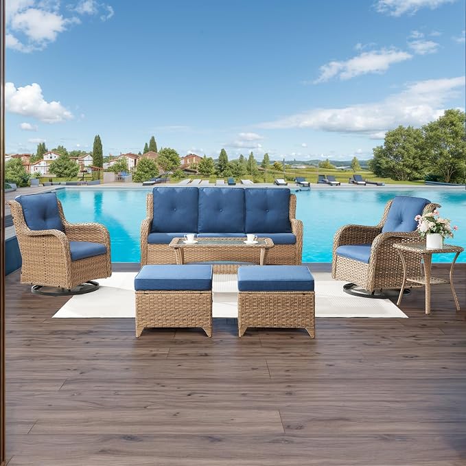 HUMMUH Patio Furniture 7 Pieces Outdoor Furniture Set PE Wicker Patio Couch with Swivel Rocker Chairs,Patio Ottomans,Outdoor Tables, Yellow/Blue