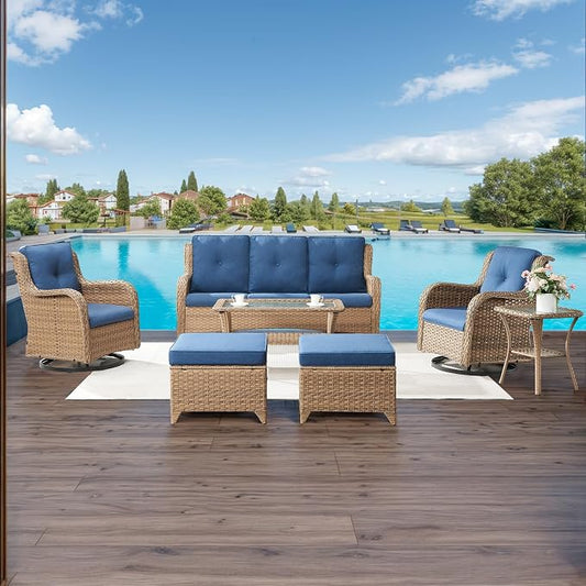 HUMMUH Patio Furniture 7 Pieces Outdoor Furniture Set PE Wicker Patio Couch with Swivel Rocker Chairs,Patio Ottomans,Outdoor Tables, Yellow/Blue