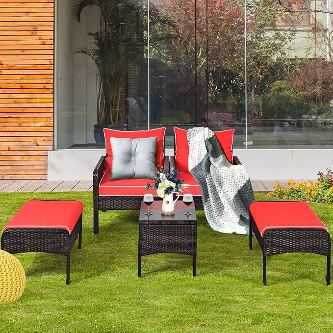 COSTWAY 5 PCS Patio Rattan Furniture Set, Outdoor Cushioned Sofa with Ottomans and Coffee Table, Wicker Conversation Set for Backyard Porch Lawn Poolsid, Red