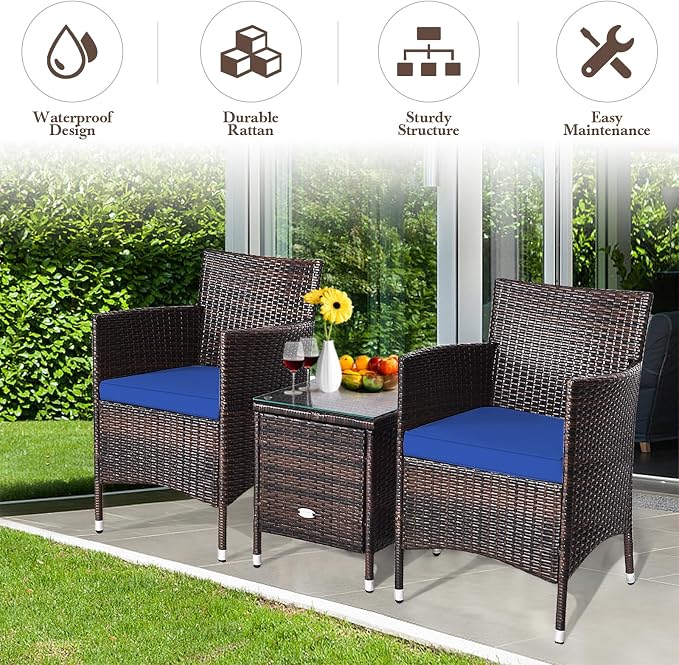 DORTALA Wicker Patio Furniture Set 3 Piece, Small Outdoor Table & Chairs Set with Cushions, All-Weather Rattan Conversation Bistro Set for Balcony, Porch, Backyard, Deck, Navy