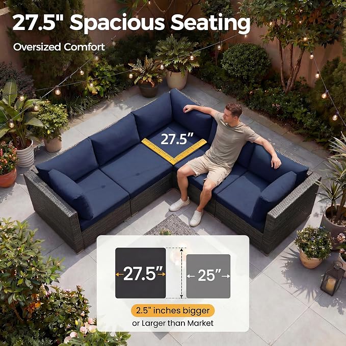 NICESOUL 20 Piece Patio Furniture Set with Fire Pit Table and Chaise, 29.3'' High Back Outdoor Wicker Couch Sets with Firepit and Lounger, 500 lbs Heavy Duty 14-Seat Outdoor Sectional, Charcoal/Navy