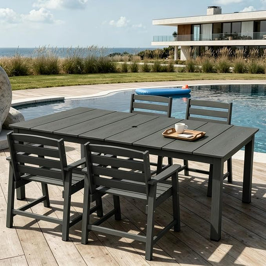 AreShark 5-Piece Outdoor Dining Set,HDPE Patio Table with 4 Armchairs,All-Weather Patio Furniture Set with Umbrella Hole,Low Maintenance Wood Grain Dining Set for Backyard,Garden,Poolside,Black