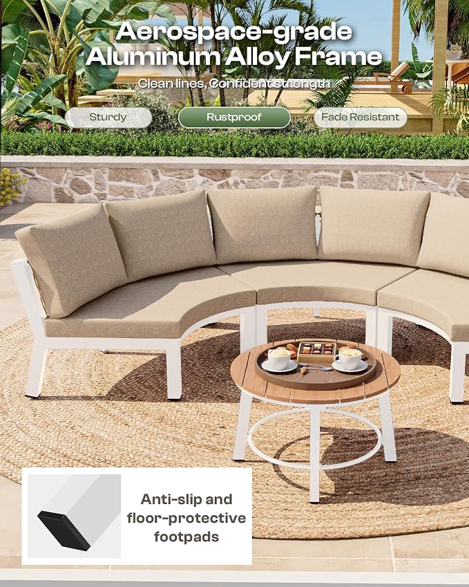 Outdoor Aluminum Round Coffee Table, All-Weather Patio Coffee Tables for Outside with PS Wood-Like Table Top, Modular Coffee Table for Backyard, Balcony, Deck, Yard, White