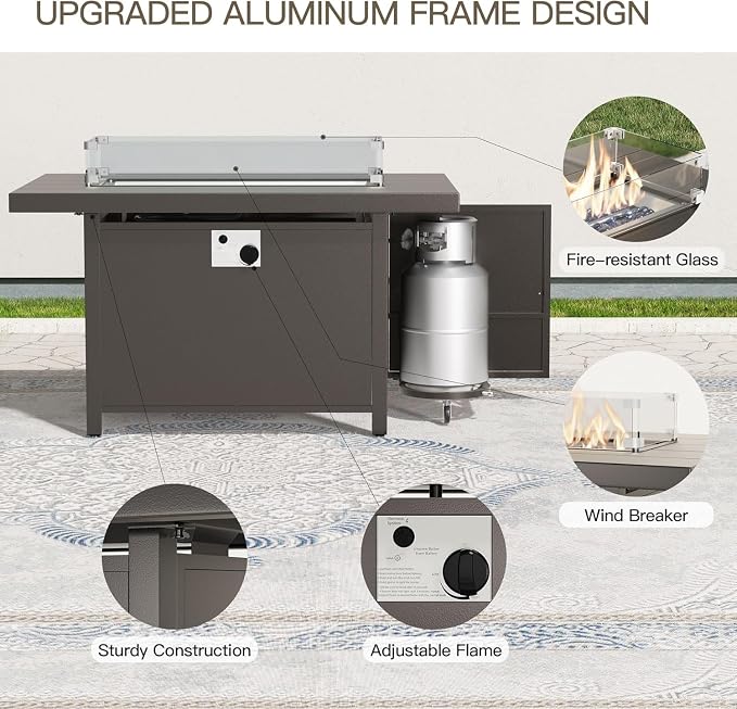 Aluminum Patio Furniture Set with 55,000 BTU Propane Fire Pit Table,5 Seats Metal Modern Outdoor Furniture w/5.1" Cushions,Patio Sectional for Backyard,Patio,Sand