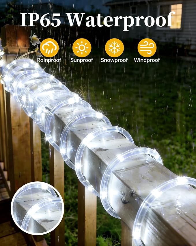 Solar Rope Lights Outdoor, 2 Packs Total 144FT 400LED Solar String Lights with 8 Lighting Modes, Waterproof Solar Powered Fairy Lights for Party Garden Yard Home Holiday Tree Decoration, Pure White