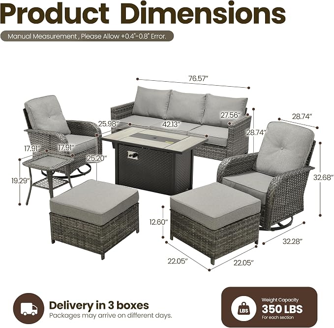 7 Piece Patio Furniture Set with Firepit Swivel Chair, Dark Gray | High Back Swivel Rocker Chairs, Deep Seat Sofa Ottoman, Fire Pit Table, Outdoor Conversation Sets for Porch Deck Backyard