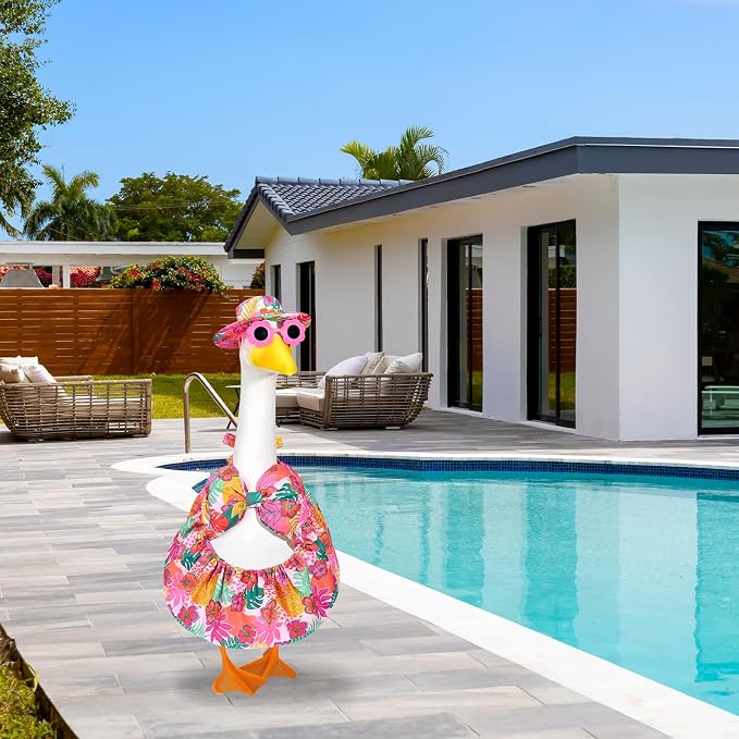 Hawaiian Bikini Goose Outfits Summer Beach Porch Goose Outfit 23 Inch Goose Floral Bathing Suit with Sunglasses & Hat for Fun Outdoor Garden Yard Decor(Tropical Floral)