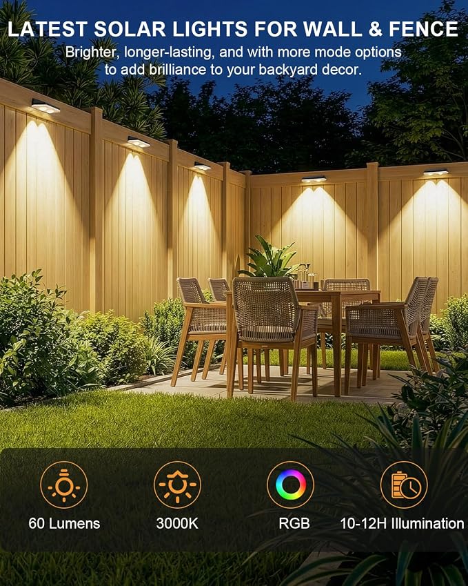 Solar Fence Lights Outdoor, 12 Pack Warm White & RGB 8 Colors Fence Lights Solar Powered Ultra-Bright LED Lens Waterproof Outdoor Solar Lights for Fence, Backyard, Railing, Patio, Wall, Step, Deck