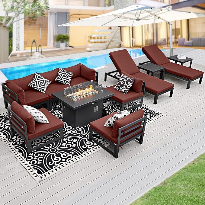 BULEXYARD 8 Person Modern Aluminum Outdoor Patio Furniture Set with Chaise & Firepit Table, 29 inch Wide Deep Seat, All Weather Modular Sectional Couch, Oversized Conversation Set for Garden Deck, Red